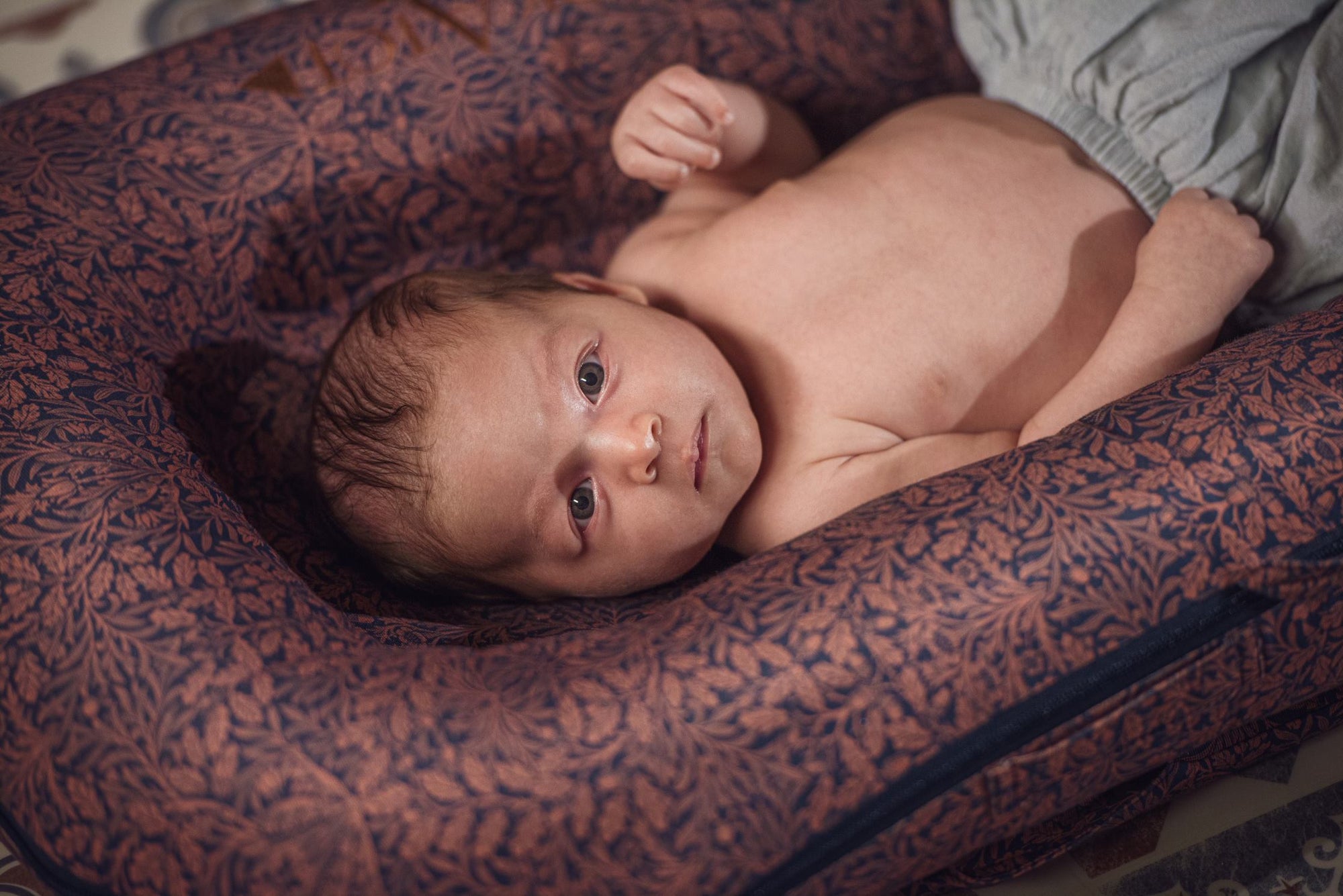 Baby lying in DockATot Deluxe+ dock in Acorn print